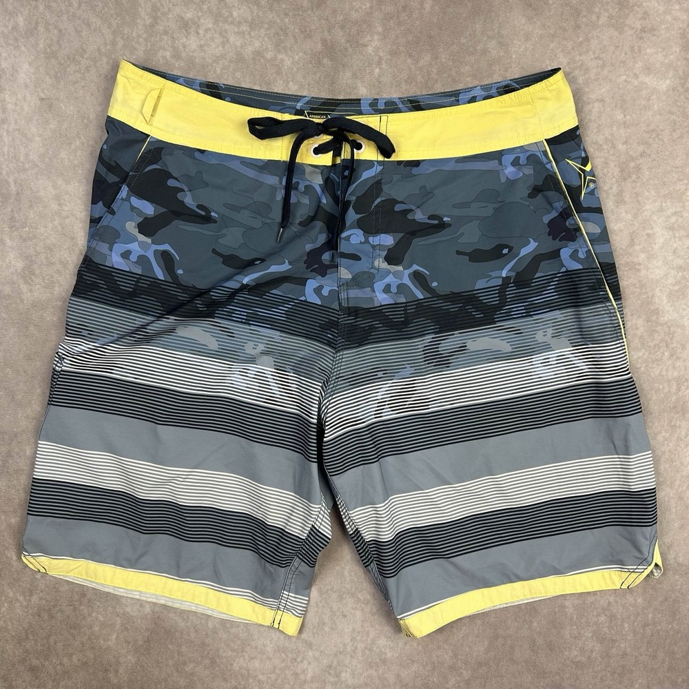 AFTCO 36 Stingray Blue Camo Fishing Board Swim Shorts Yellow Drawstring
